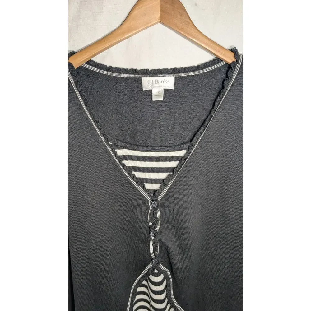 Christopher Banks Womens Sweater Sz 1X‎ 3/4 Sleeve Black White Striped mature